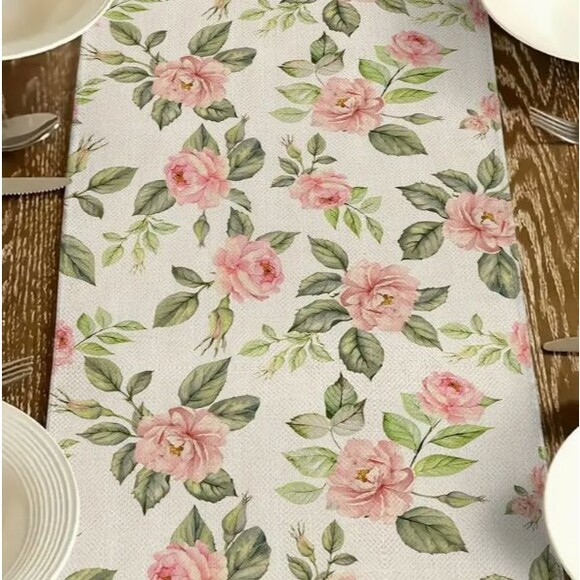 Table Runner 13x72in Linen Rose Pattern Floral Spring - Picture 2 of 3